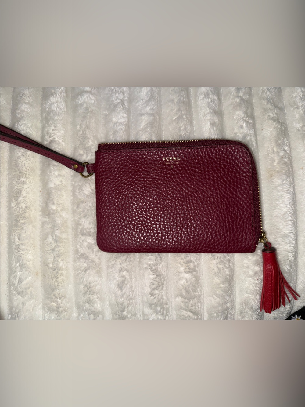 Fossil Burgundy Pebbled Leather Wristlet with Tassel
